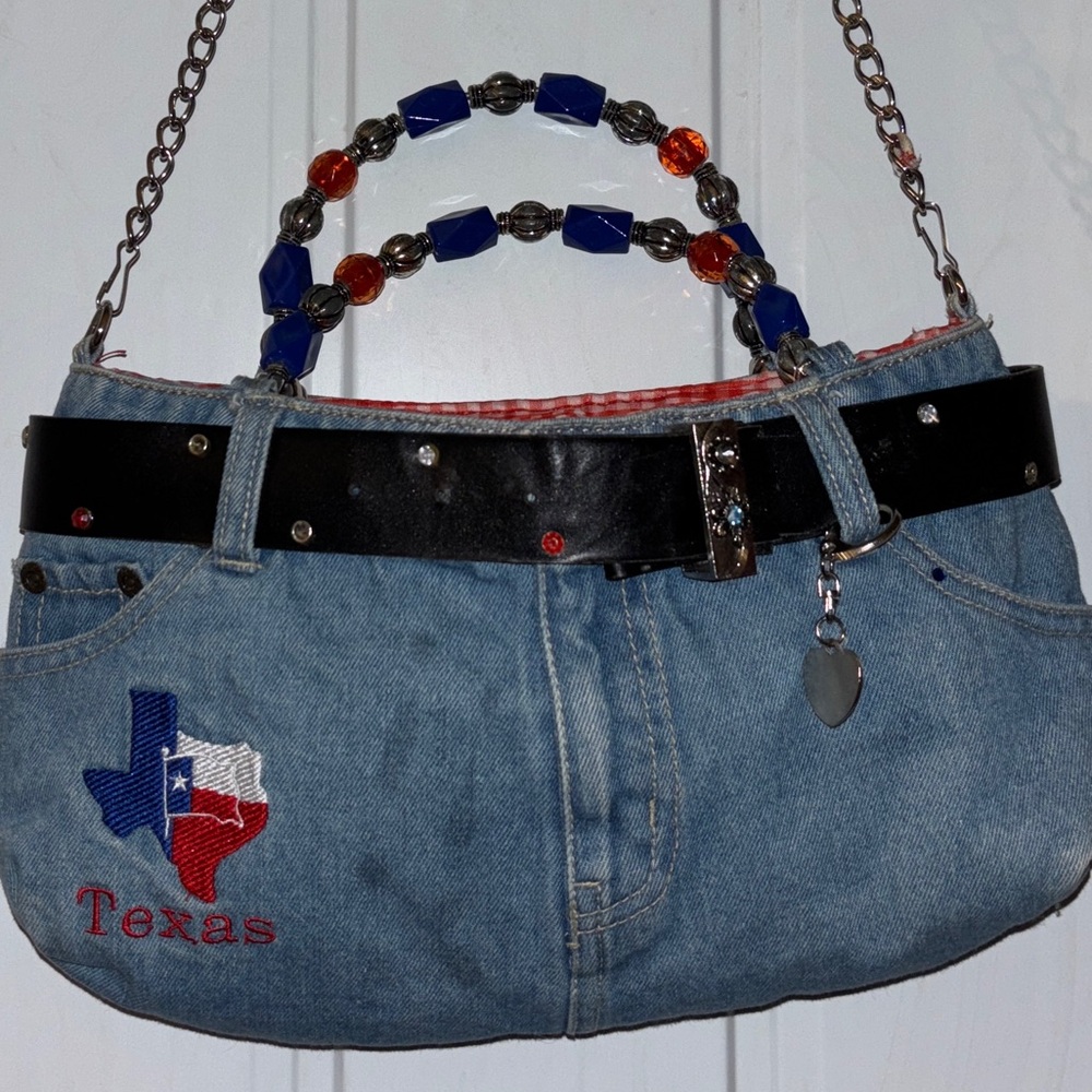 ABJ JEANS Belted Denim Purse w/Texas Embroidery, Shoulder Chain & Beaded Handles